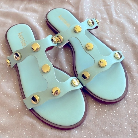 Brand New Kensie Seafoam Mint Green Gold Tone Studded Slides Sandals - Picture 8 of 15